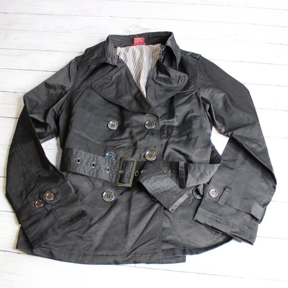 JouJou Women's Black Silky Jacket Size L Double Breasted Buttons Belted - Picture 1 of 4